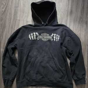 Harley-Davidson Black Hoodie with White Skull Hand Graphic